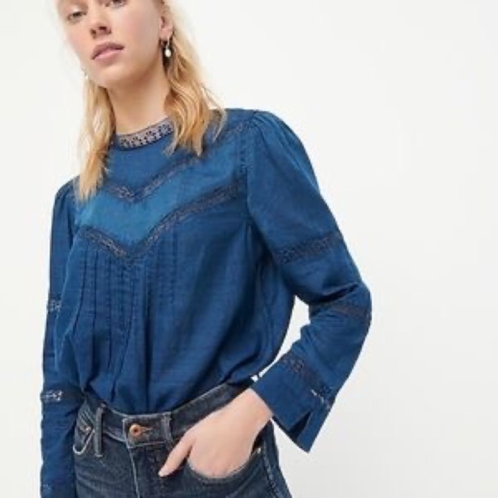 J. Crew Lace-Trim Indigo Blouse Women’s Sz S High Neck Pleated Peasant Victorian